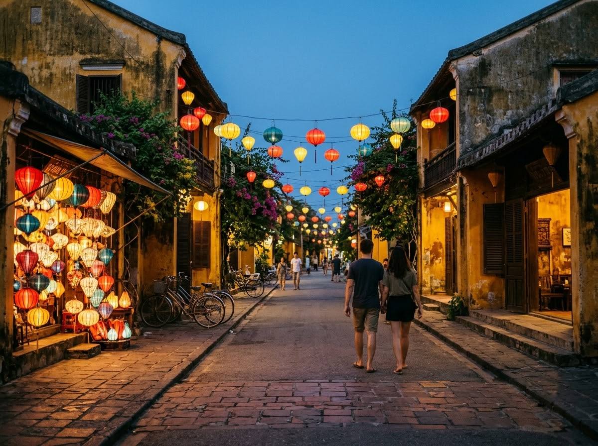 Yellow shophouses and hanging silk lanterns along a street in Hoi An Ancient Town