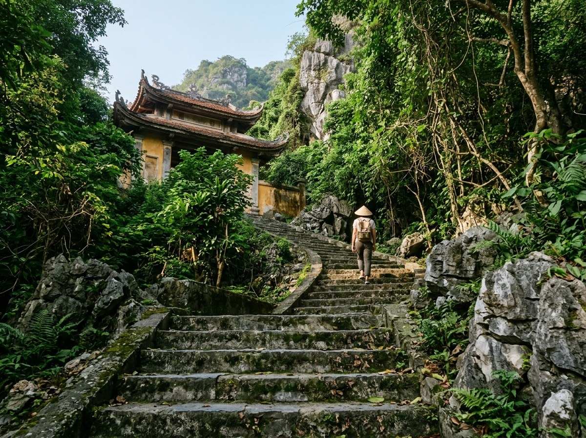 Stone steps climbing through greenery towards a pagoda on a limestone mountain