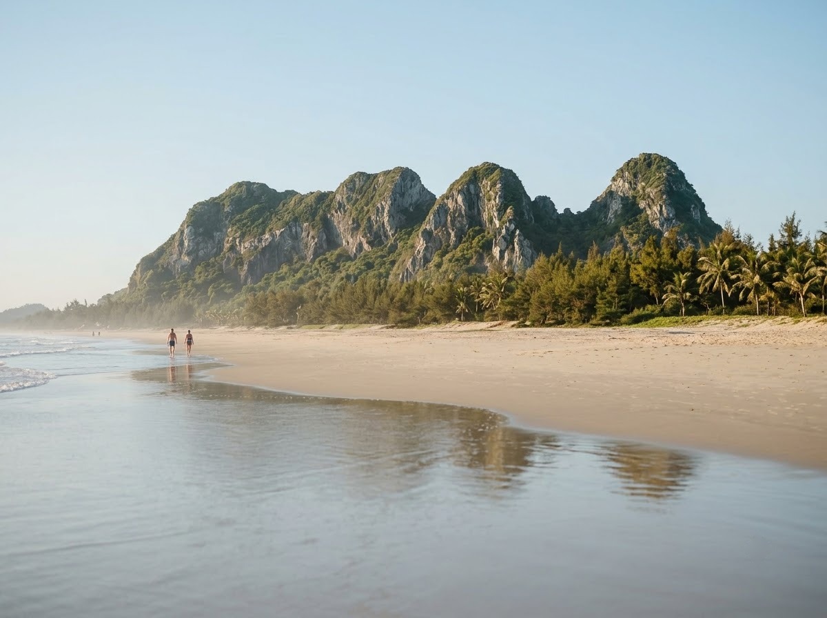 Long sandy beach on the Da Nang coast with the limestone Marble Mountains rising behind the shoreline