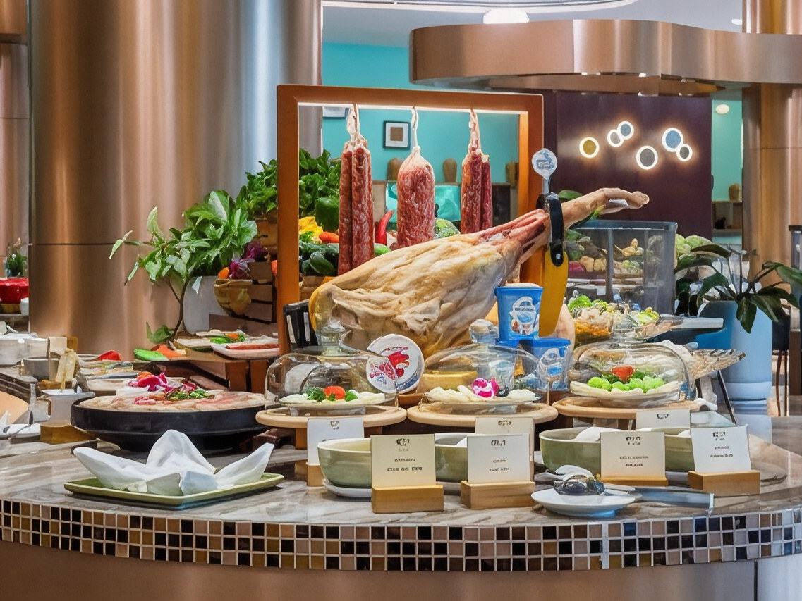 Buffet counter with a cured ham on a stand, hanging sausages, salads under glass domes and small labelled dishes
